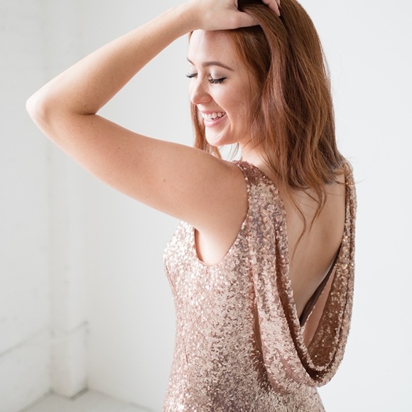 Love Tanya Dresses & Skirts - Long RoseGold Cowl Back Sequin Dress by Love Tanya